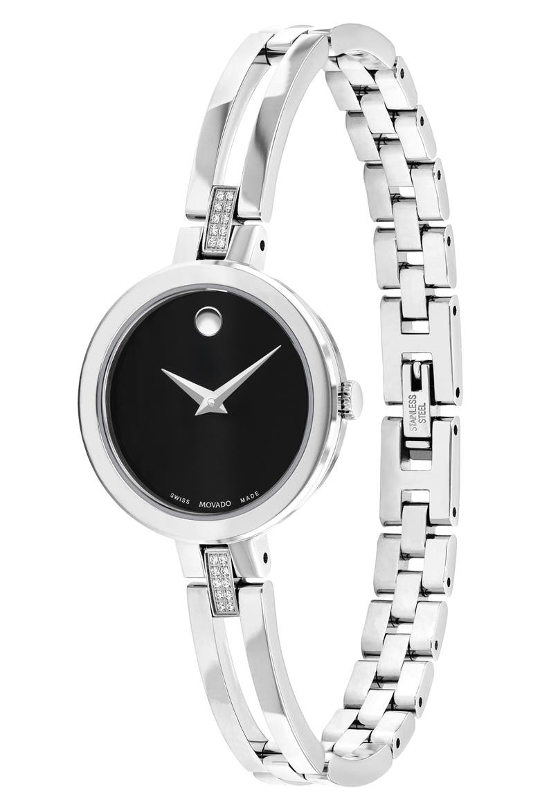 Esperanza Diamond Bangle Watch, 25mm, Alternate, color, SILVER/ BLACK/ SILVER