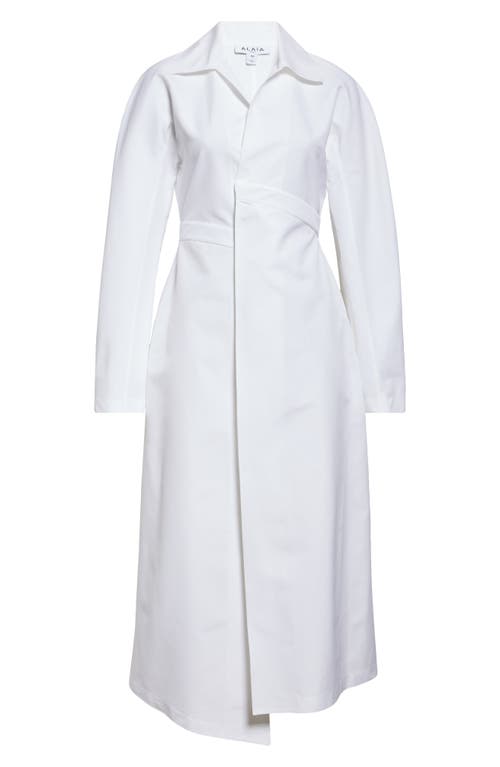 Shop Alaïa Long Sleeve Cotton Poplin Midi Wrap Shirtdress In Blanc
