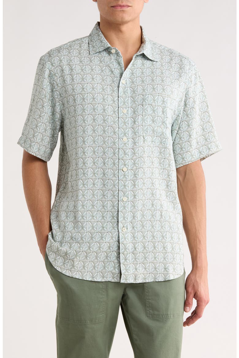 Wash of Watercolor Geo Print Short Sleeve Button-Up Shirt, Main, color, TEA LEAF