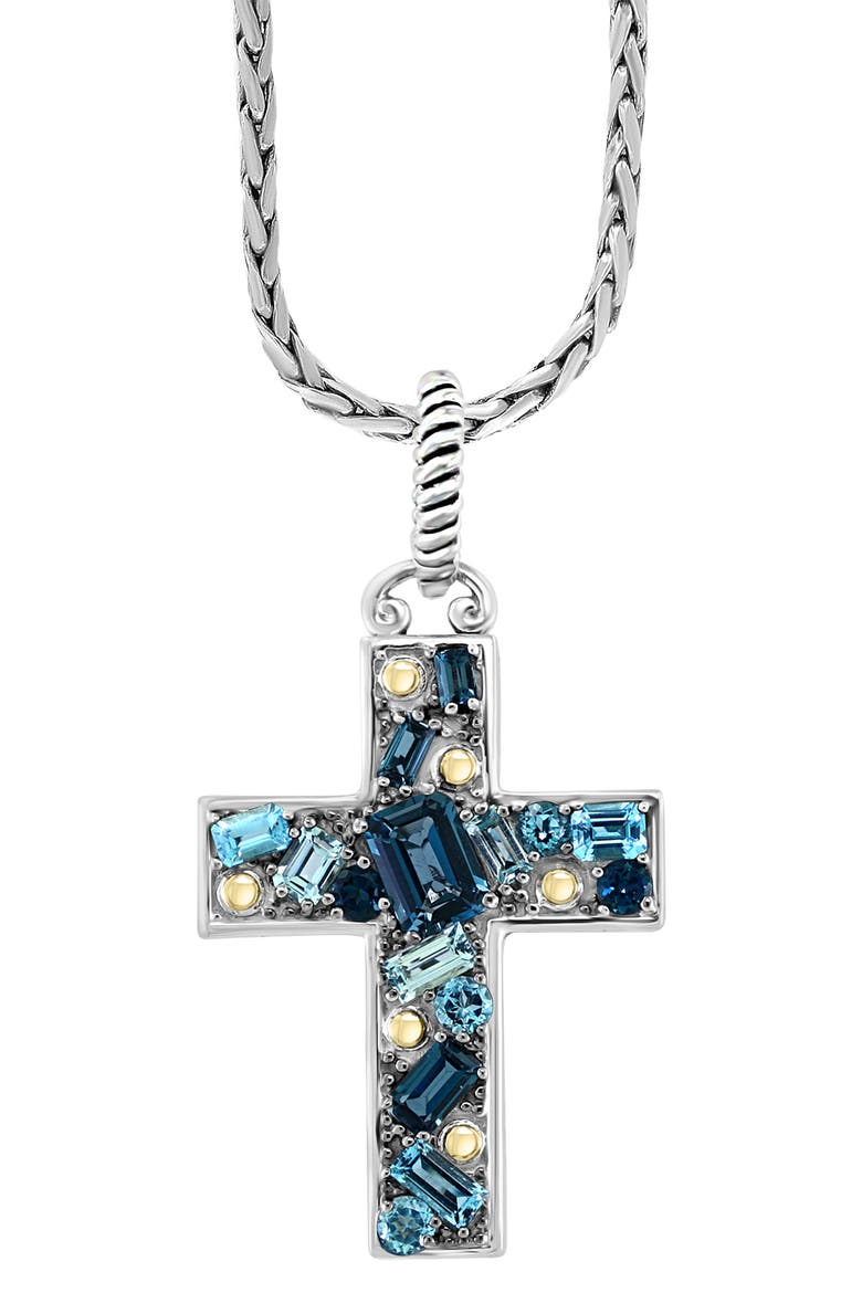 Sterling Silver Blue Topaz Cross Pendant Necklace, Alternate, color, BLUE