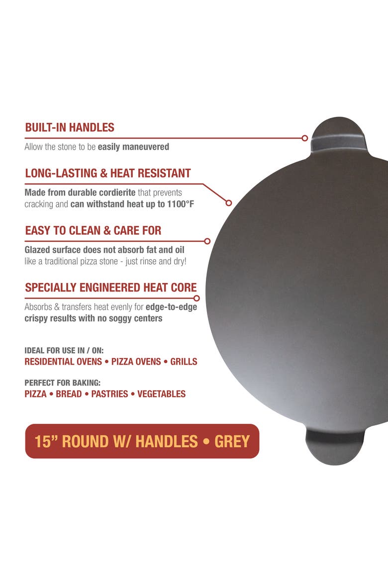 Glazed Cordierite Pizza Stone With Handles, 15-Inch, Alternate, color, Grey