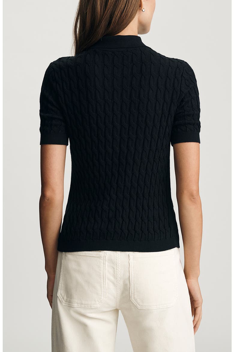 Cable Stitch Short Sleeve Cotton & Cashmere Polo Sweater, Alternate, color, BLACK