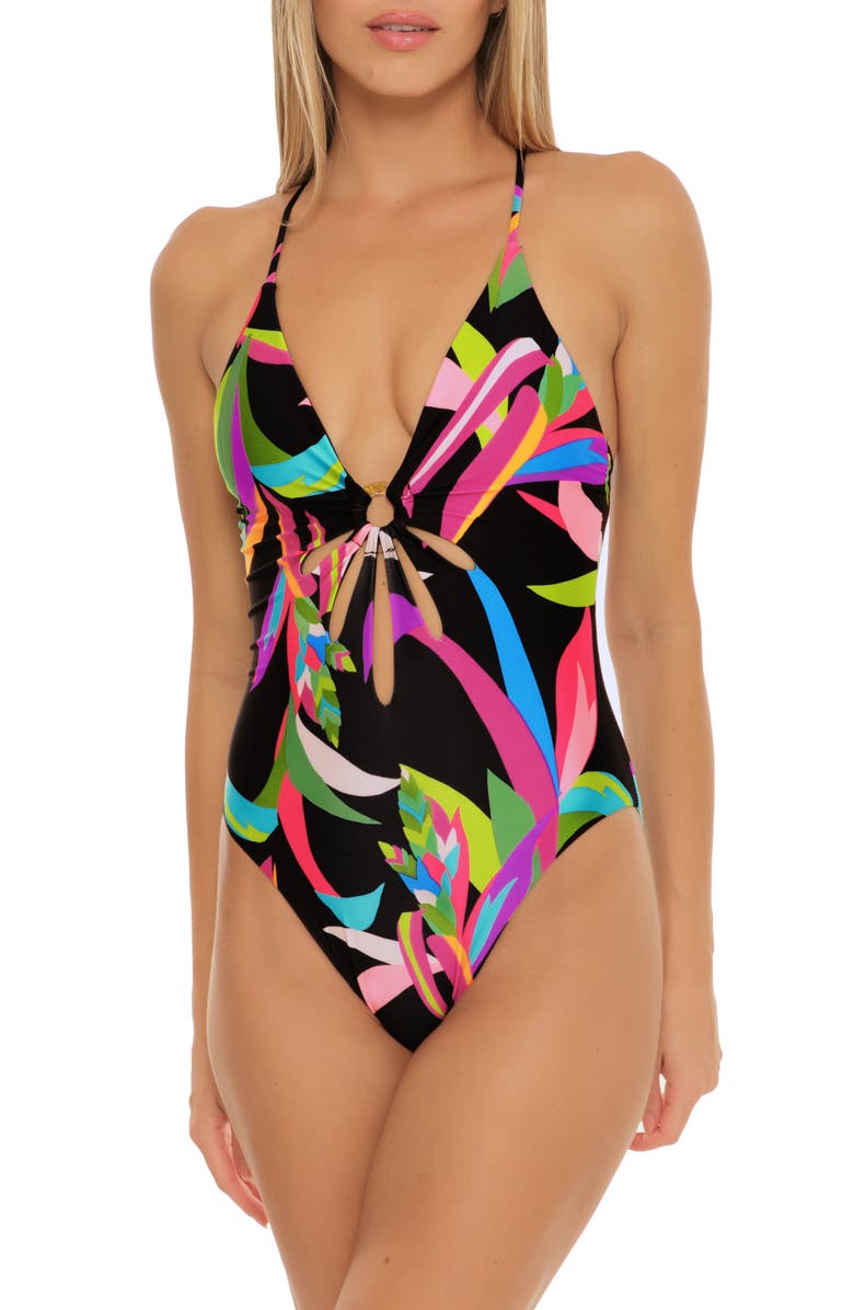 Trina Turk Birds of Paradise O-Ring One-Piece Swimsuit, Main, color, Birds Of Paradise
