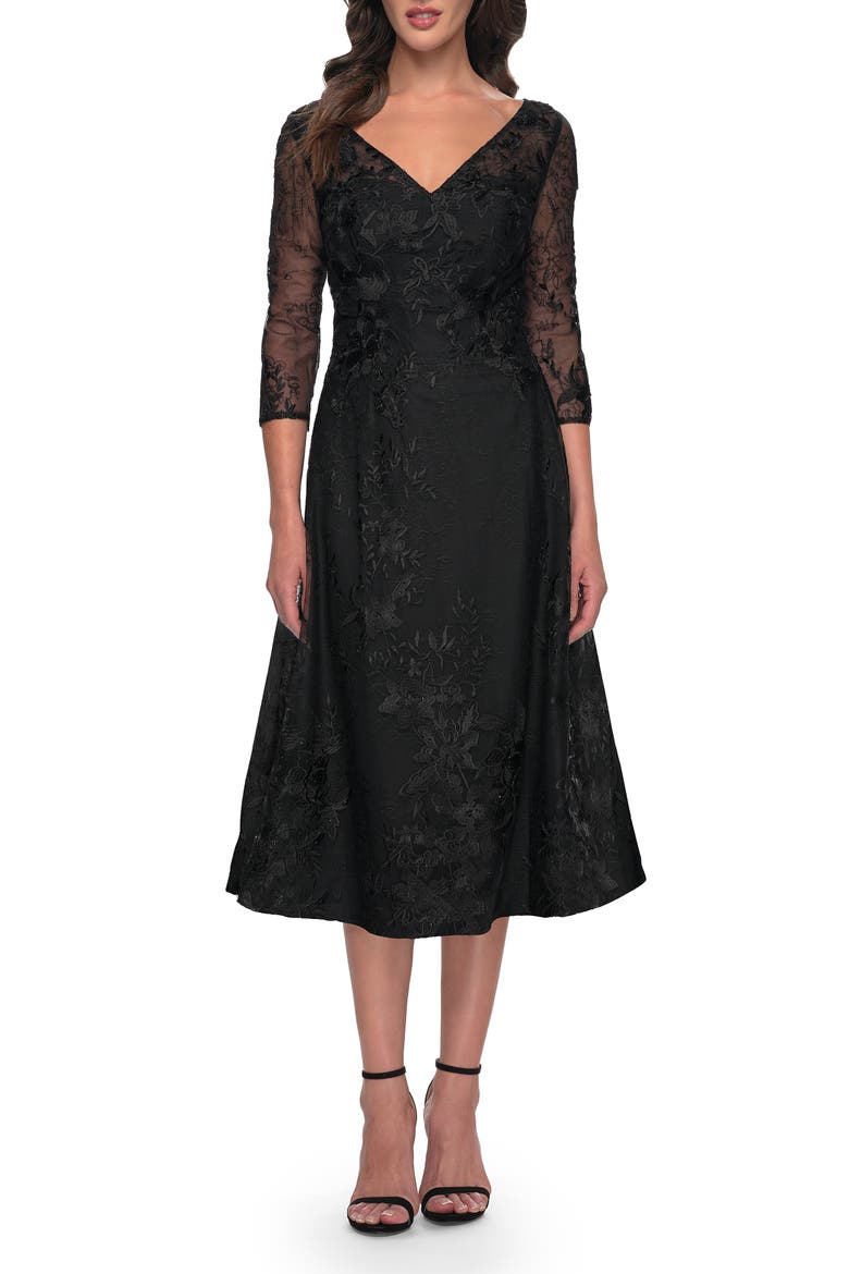 Stylish Tea Length Mother of the Bride Dress with Sleeves, Main, color, Black