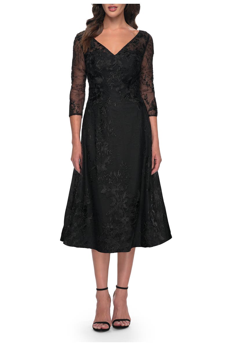 La Femme Stylish Tea Length Mother of the Bride Dress with Sleeves, Main, color, Black