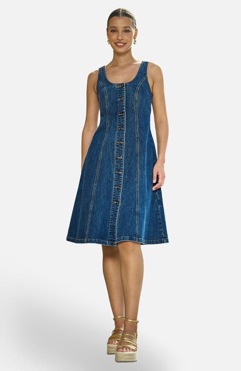 Stretch Denim Panel Fitted Dress