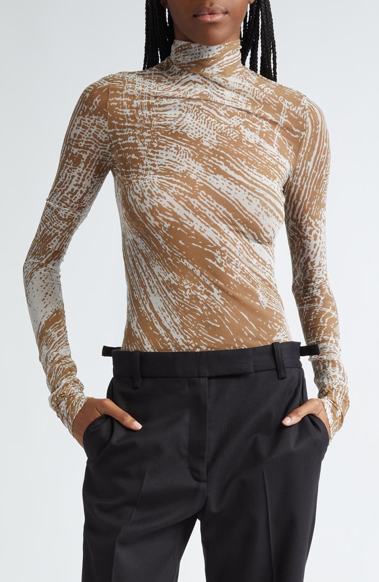 Proenza Schouler Rio Mock Neck Long Sleeve Tulle Top, Main, color, Wood