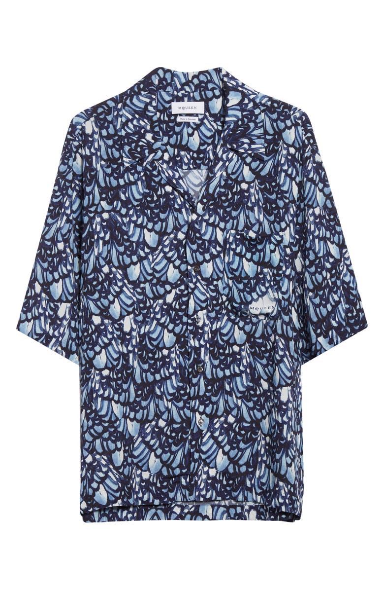 McQueen Feather Print Boxy Camp Shirt, Alternate, color, Blue