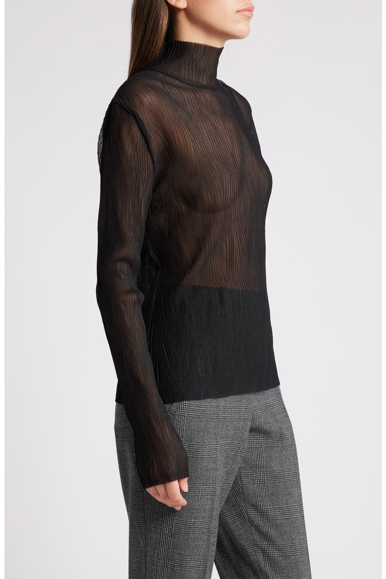 Emata Plissé Tulle Mock Neck Top, Alternate, color, BLACK