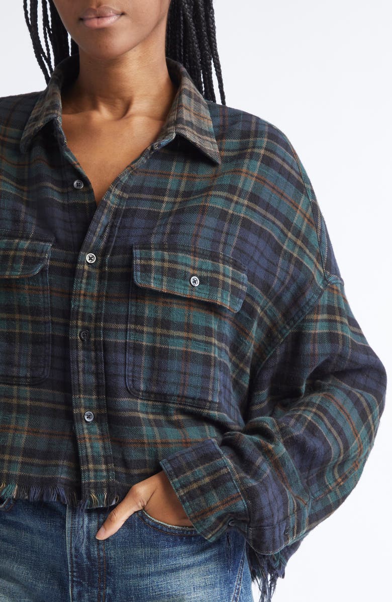R13 Plaid Crop Button-Up Work Shirt, Alternate, color, Overdyed Teal / Navy / Plaid