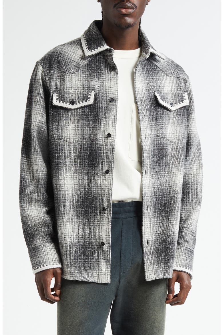 Journey Plaid Virgin Wool & Silk Blend Overshirt, Main, color, PEWTER GRAY/ OFF WHITE