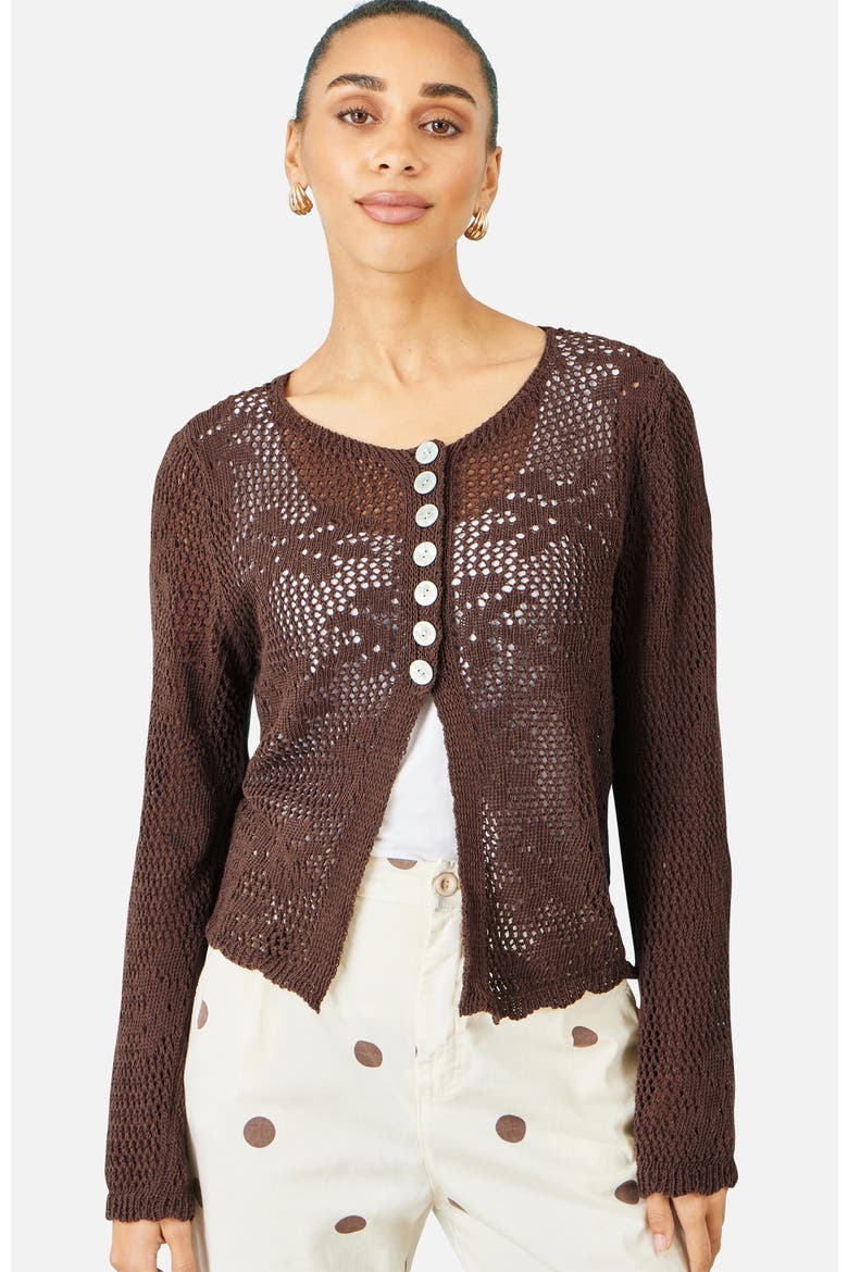 Flower Crochet Button Up Cardigan, Main, color, Brown