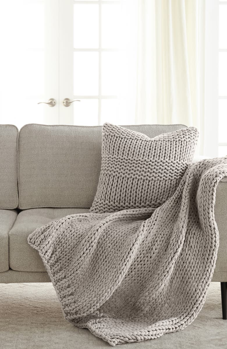 HOMESPUN Chunky Knit Accent Pillow & Oversize Throw Blanket Set, Alternate, color, Light Gray