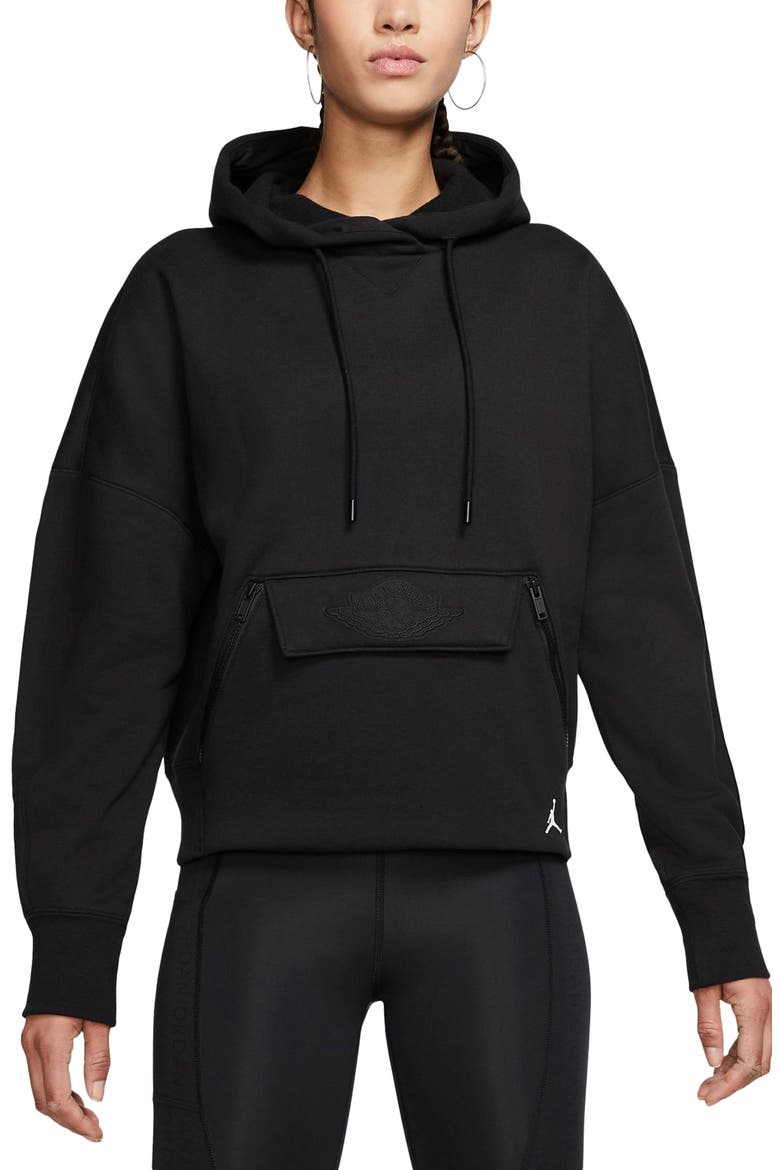 Nike Jordan Fleece Crop Hoodie, Main, color, BLACK/ BLACK/ WHITE