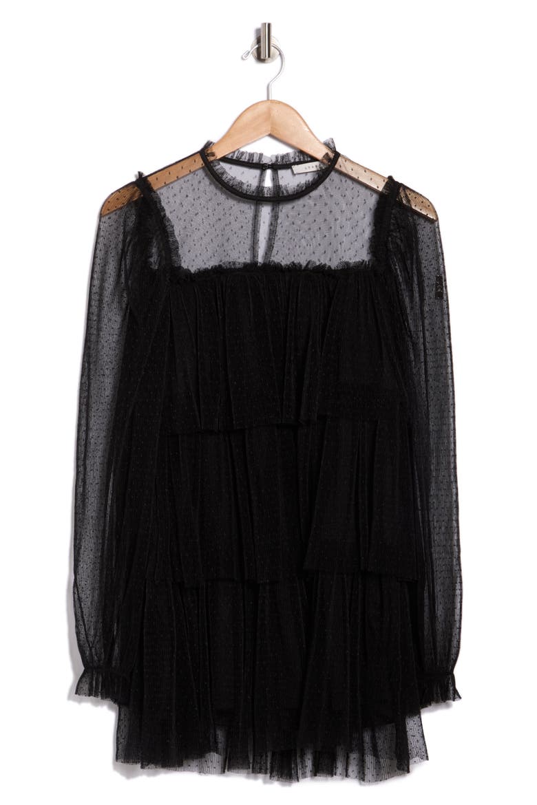 Long Sleeve Tulle Minidress, Alternate, color, BLACK