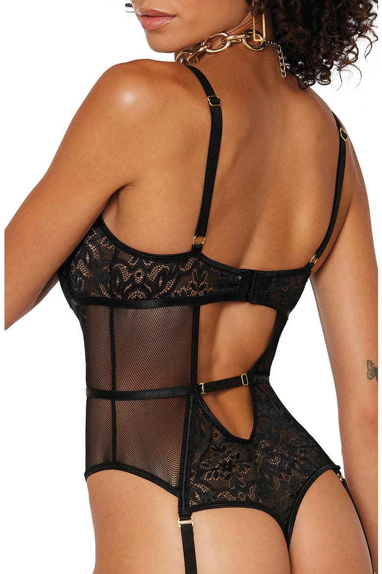 Fishnet Mesh & Lace Teddy with Garter Straps, Alternate, color, BLACK