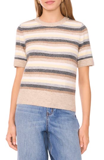1.state Multicolor Stripe Short Sleeve Sweater In Brown
