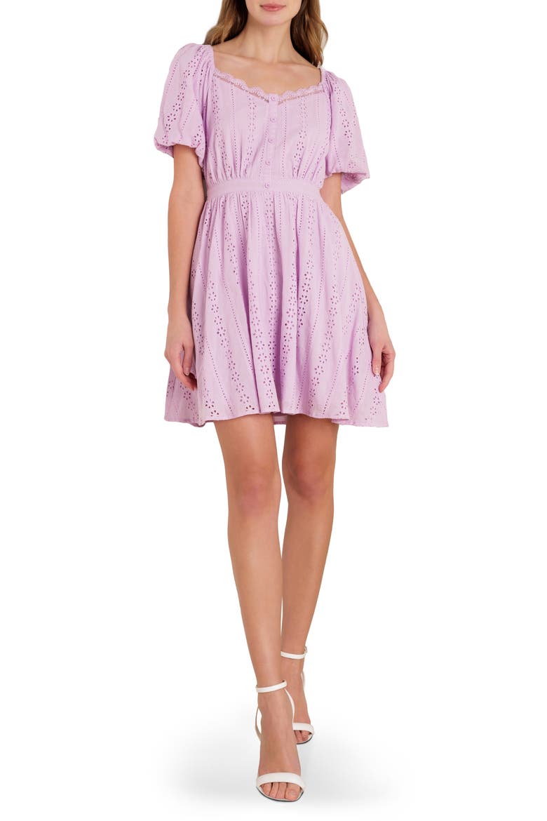 Embroidered Eyelet Puff Sleeve Cotton Minidress, Main, color, LILAC