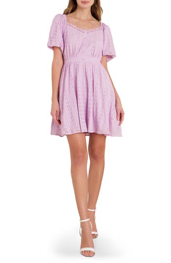 Flying Tomato Embroidered Eyelet Puff Sleeve Cotton Minidress In Lilac