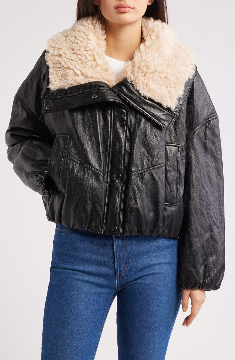 MANGO Faux Leather Jacket with Faux Shearling Collar, Alternate, color, Black