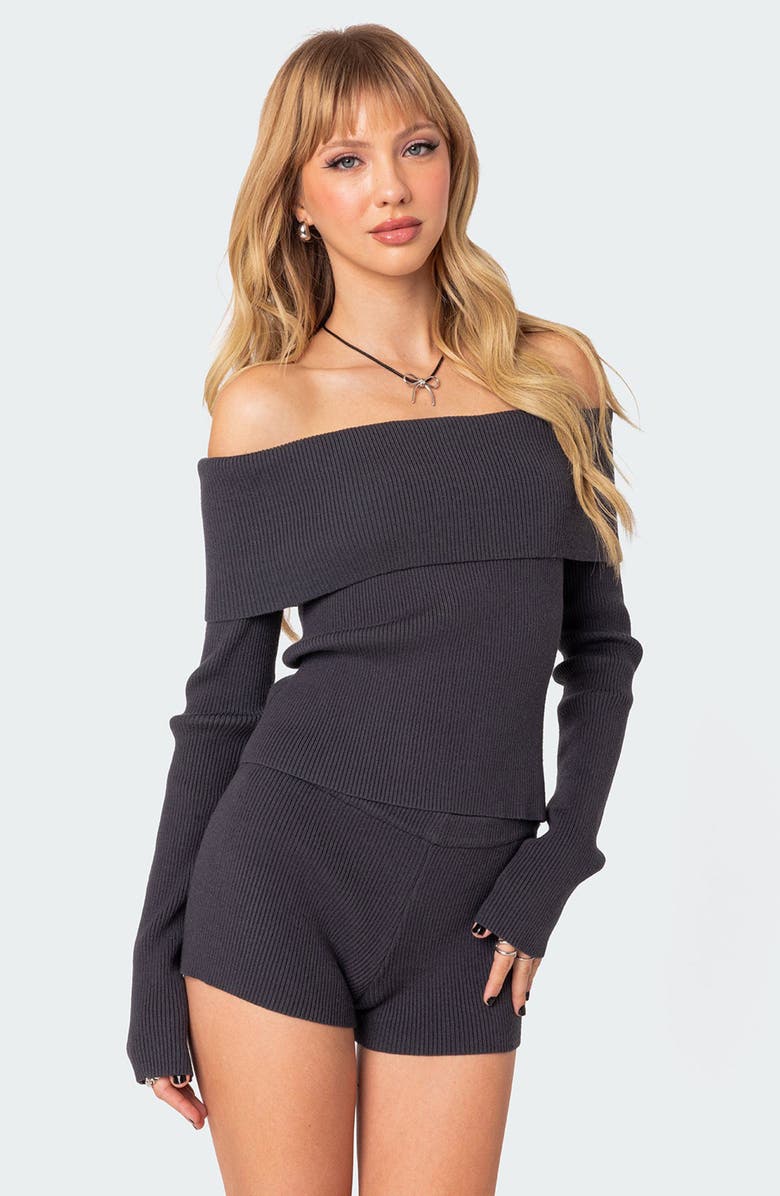 EDIKTED Miriam Off the Shoulder Top, Alternate, color, Dark-Gray