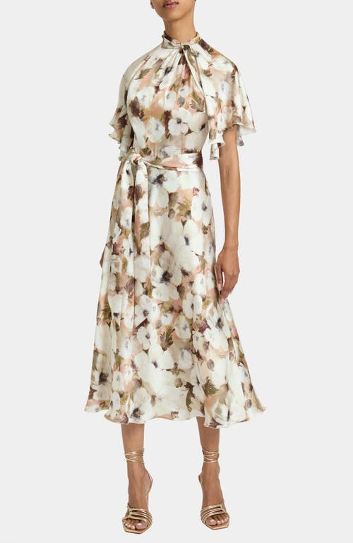 Santorelli Niki Mock Neck Midi Dress With Short Cape Sleeves In Floral Georgette In Multi
