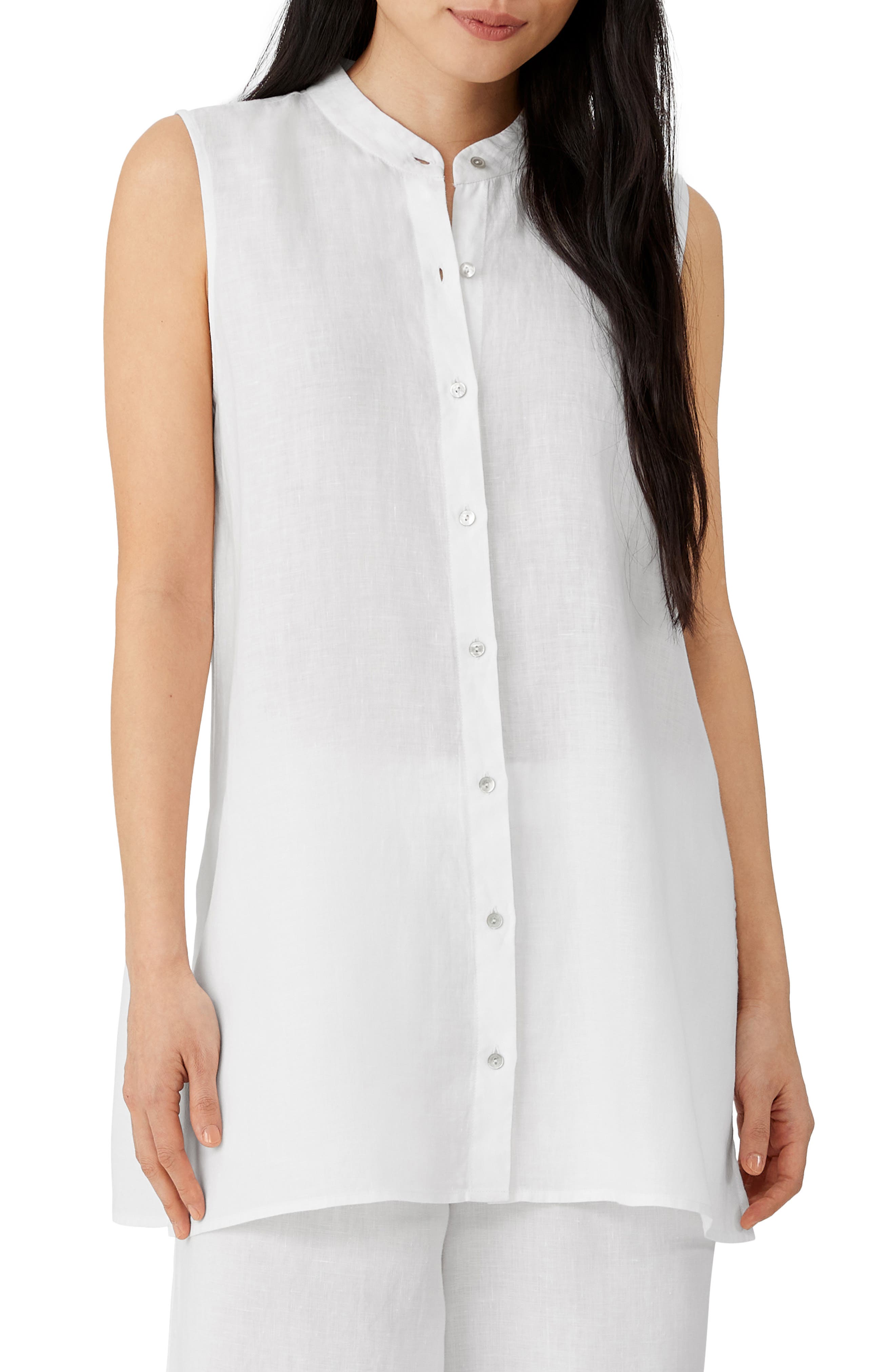 Eileen Fisher Band Collar Sleeveless Organic Linen Long Shirt (Women ...