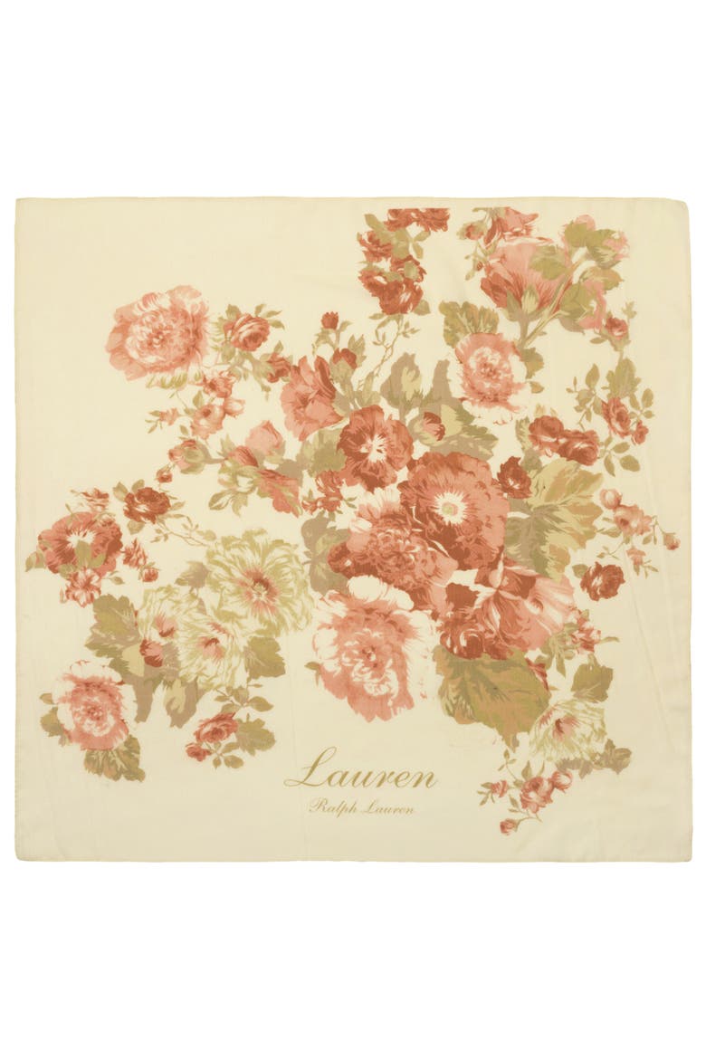 Floral Bouquet Wool Square Scarf, Alternate, color, MASCARPONE CREAM