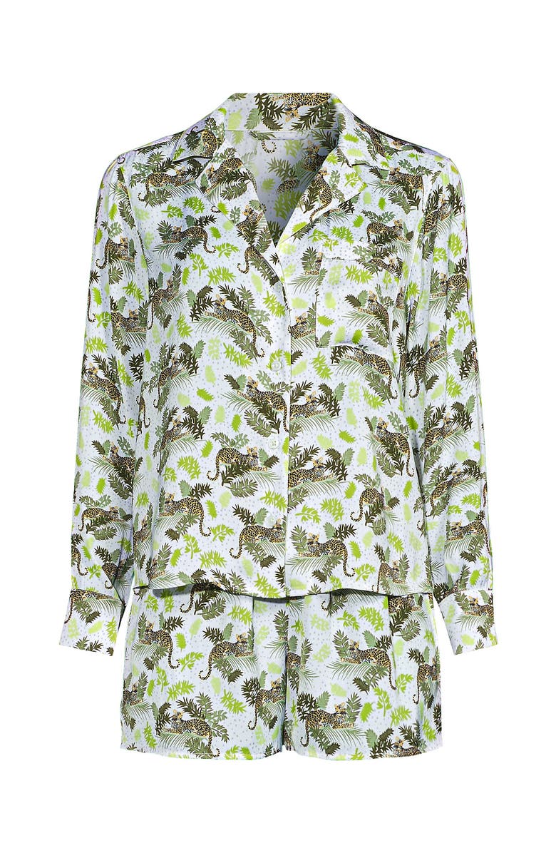 Lands' End Plus Size Matte Satin 2 Piece Pajama Set - Long Sleeve Top and Shorts, Alternate, color, White Leopards