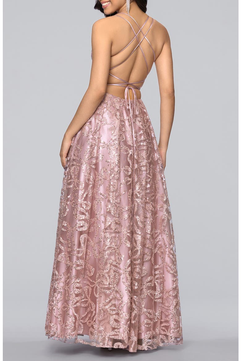 Strappy Illusion Bodice Ballgown, Alternate, color, ROSE