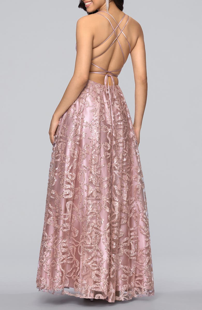 Blondie Nites Strappy Illusion Bodice Ballgown, Alternate, color, Rose