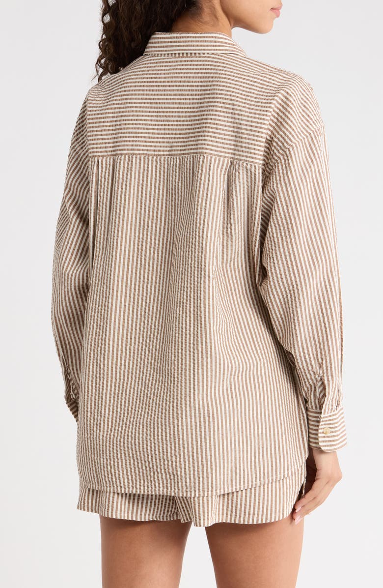 Marine Layer Gracey Stripe Oversize Cotton & Kapok Seersucker Button-Up Shirt, Alternate, color, Mocha Stripe