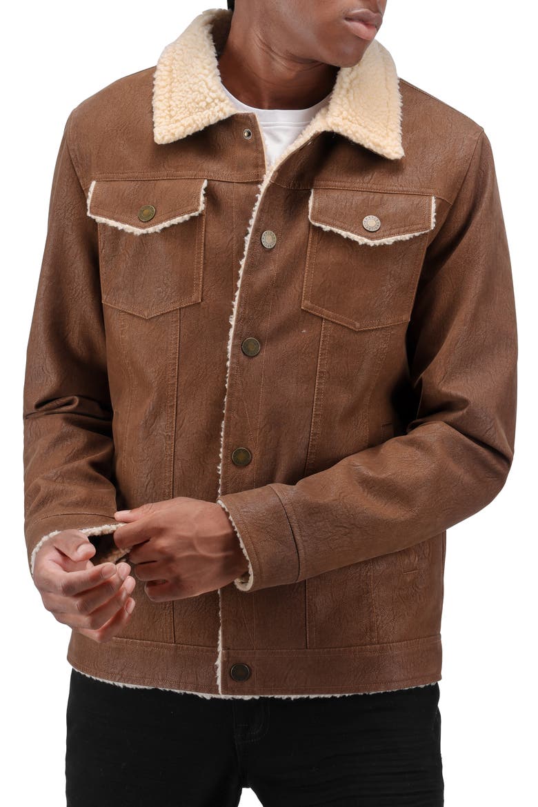 Faux Shearling Lined Trucker Jacket, Main, color, BROWN
