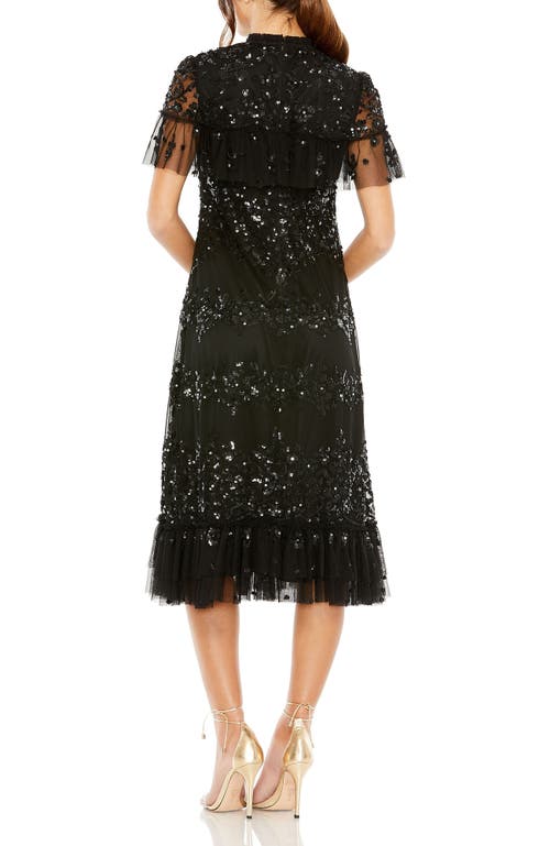 Mac Duggal Sequined High Neck Ruffled Flutter Sleeve Midi Dress In Black