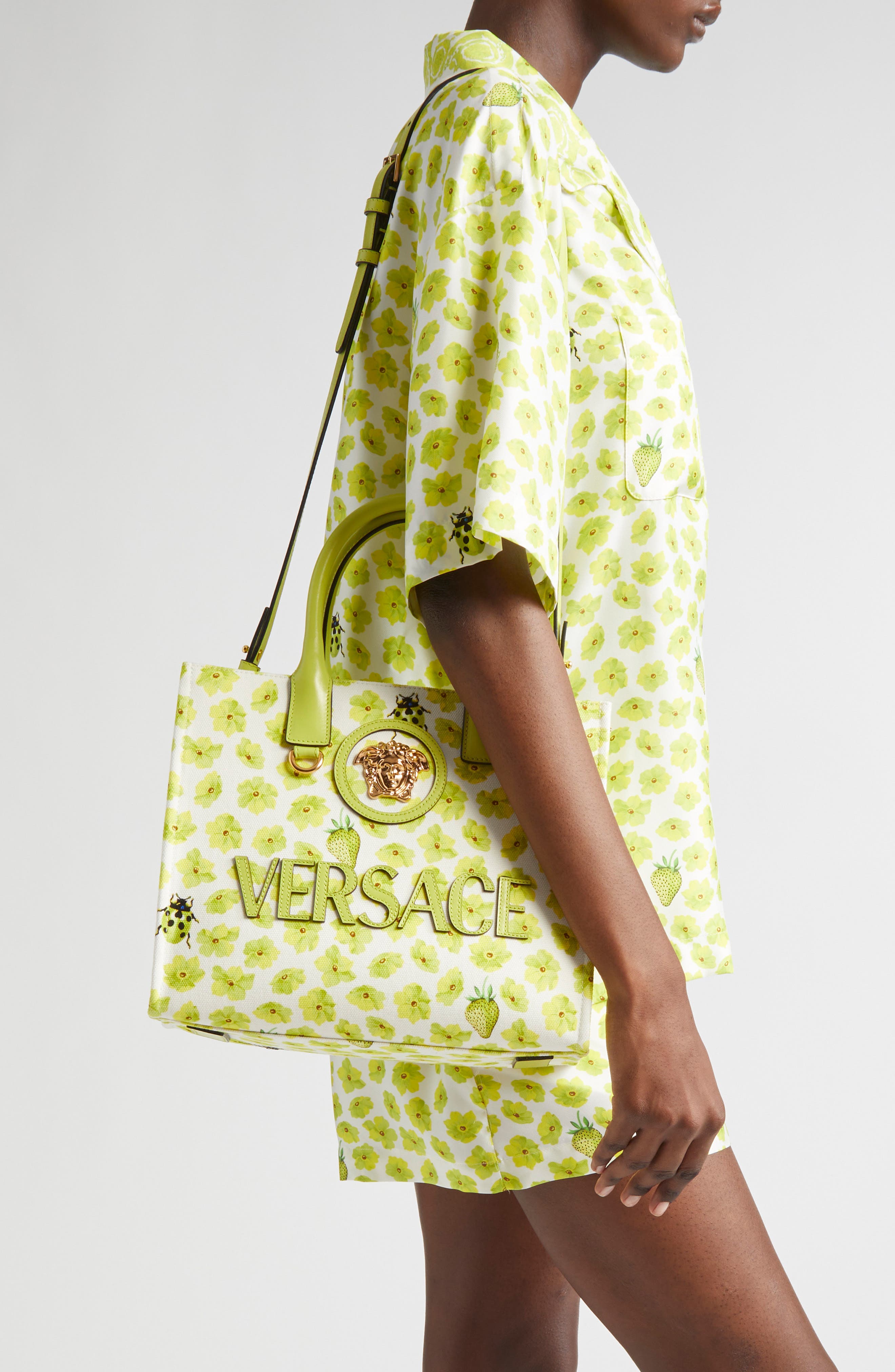 Versace Small Strawberry Canvas Medusa Tote, Alternate, color, 