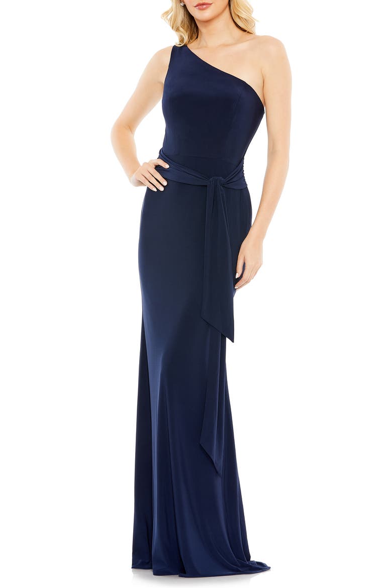 Jersey One Shoulder Belted Trumpet Gown, Main, color, MIDNIGHT
