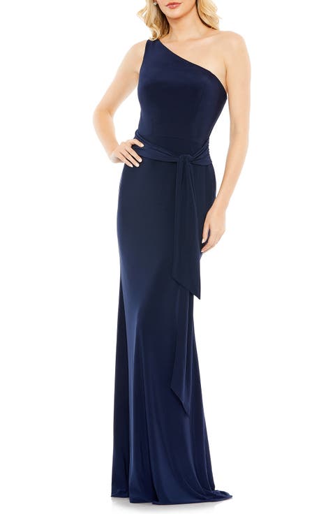 Jersey One Shoulder Belted Trumpet Gown