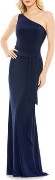 Mac Duggal Jersey One Shoulder Belted Trumpet Gown