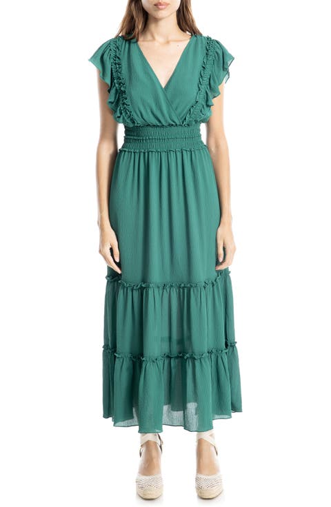 Pebble Crepe Flutter Sleeve Maxi Dress