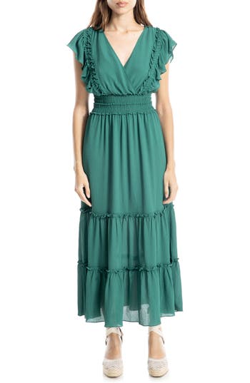 MAX STUDIO MAX STUDIO PEBBLE CREPE FLUTTER SLEEVE MAXI DRESS 