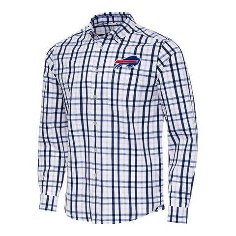 Men's Antigua Navy/Gray Buffalo Bills Tending Woven Tri-Blend Long Sleeve Button-Down Shirt