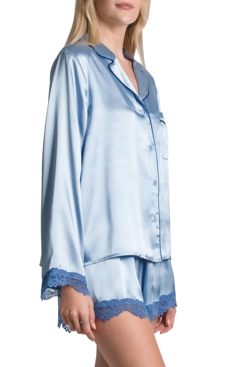 Felicity Lace Trim Long Sleeve Satin Shorts Pajamas, Alternate, color, CHAMBRAY