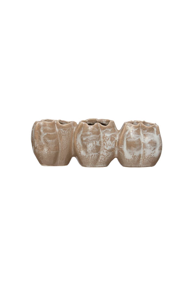 Stoneware Pod Shaped Vase with 3 Sections and Organically Shaped Edge and Distressed Finish, Main, color, White
