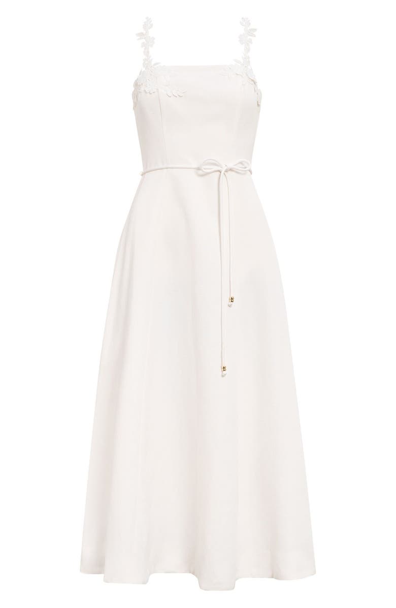 Ever New Rosette Floral Appliqué Linen Blend Fit & Flare Dress, Alternate, color, Porcelain