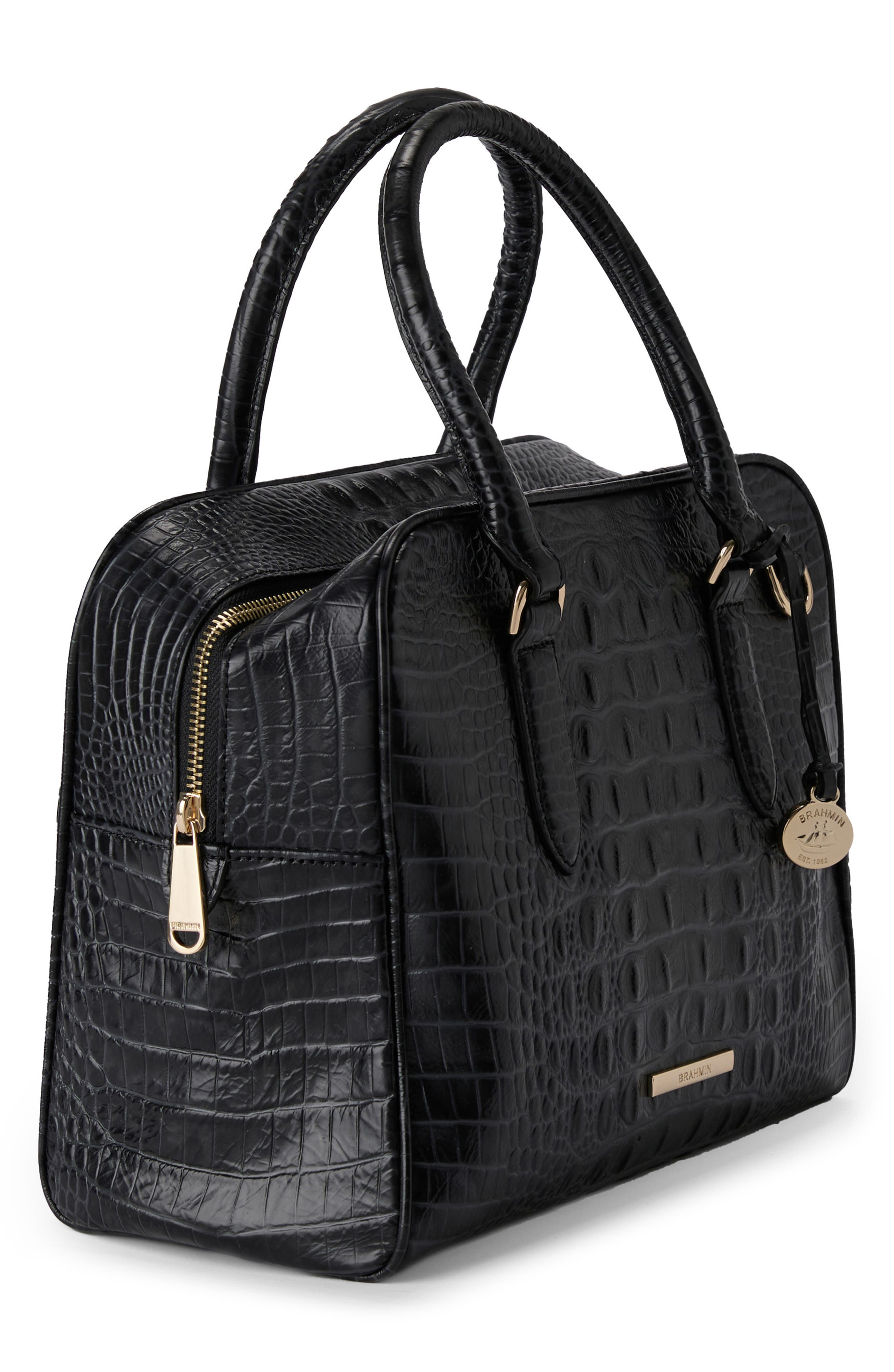 Brahmin Marissa Croc Embossed Leather Satchel, Alternate, color, Black Alden Road