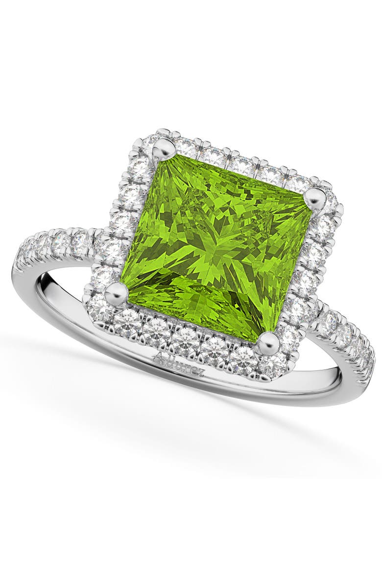 Princess Halo Peridot & Diamond Engagement Ring 14K Gold, Main, color, 3.47ct/White Gold