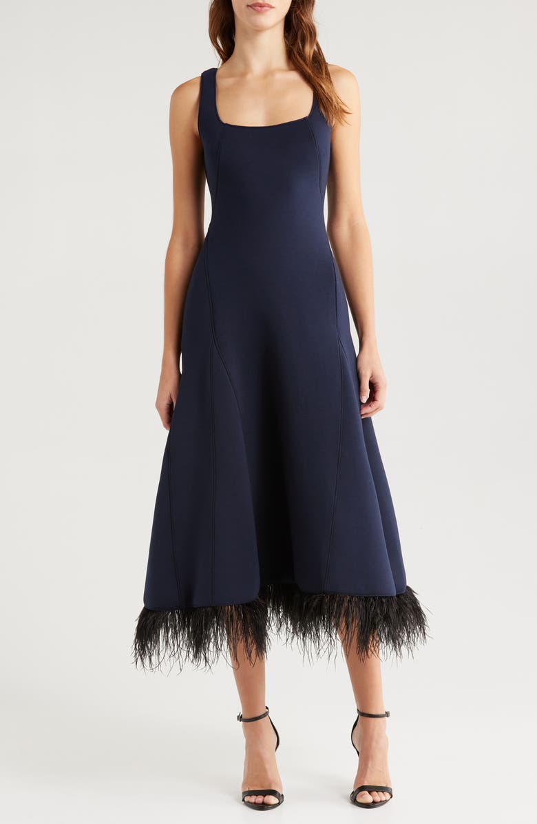 Du Paradis Brussels Feather Trim Midi Dress, Main, color, Navy Black