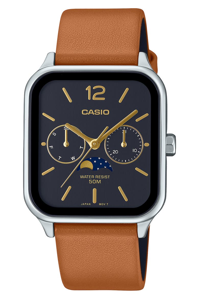Moonphase Leather Strap Watch, 44.5mm x 34mm, Main, color, BROWN