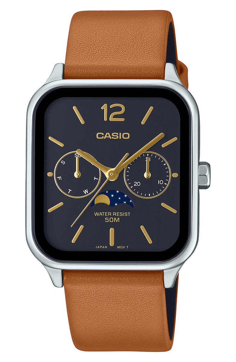 CASIO Moonphase Leather Strap Watch, 44.5mm x 34mm, Main, color, Brown