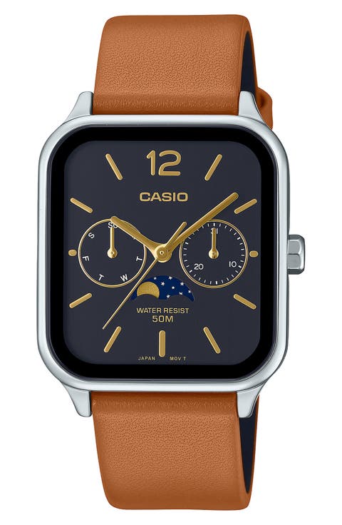 Moonphase Leather Strap Watch, 44.5mm x 34mm